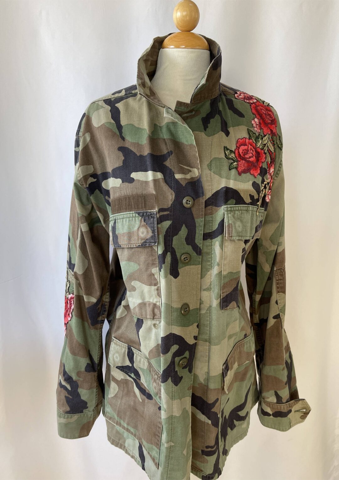 Camouflage jacket with red rose embroidery