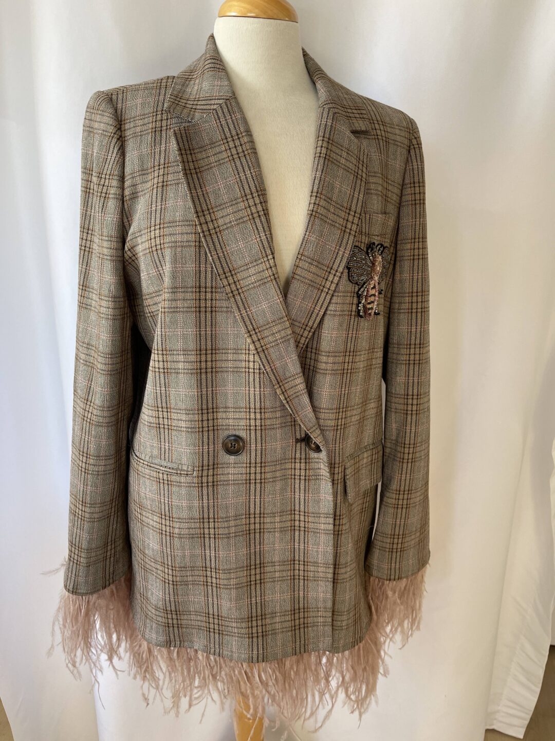 Double-breasted plaid blazer with feather trim