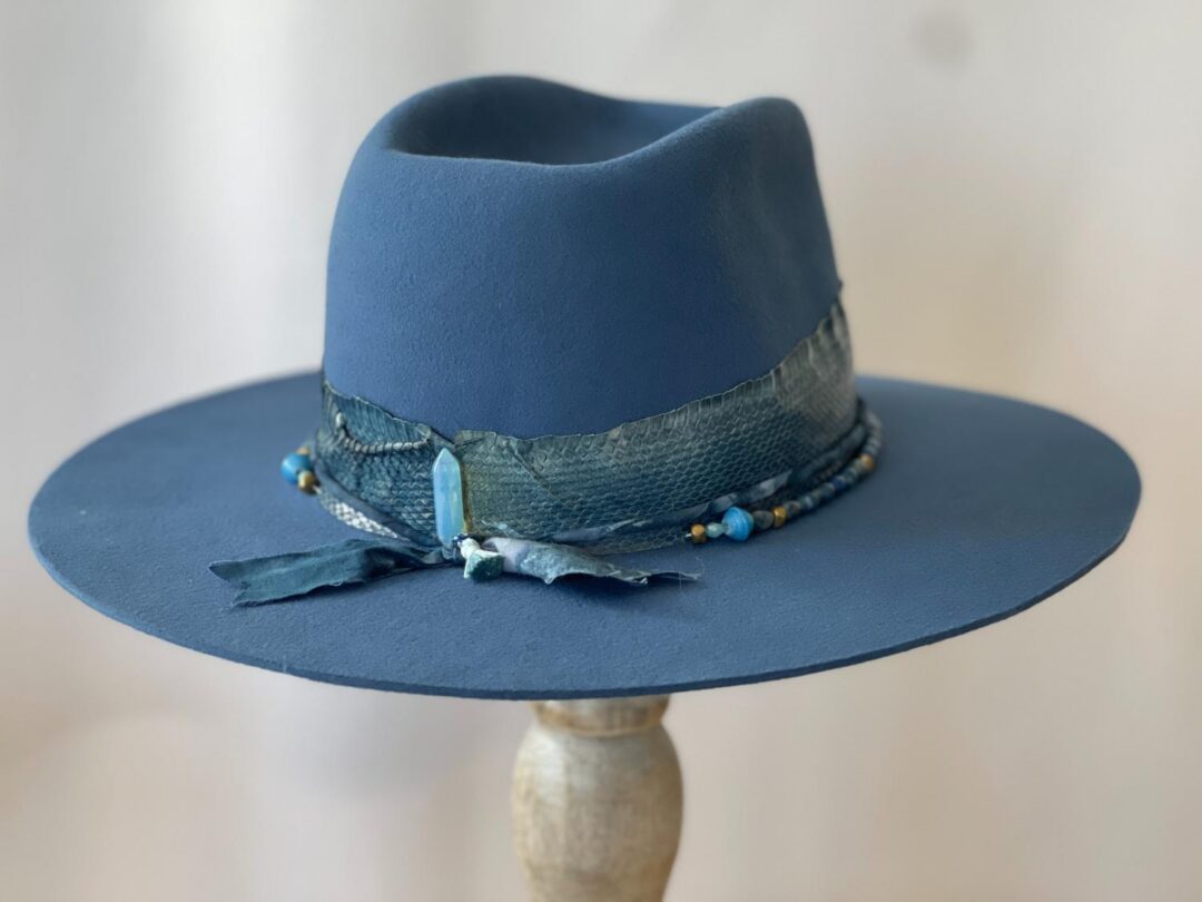 Blue felt fedora with beaded ribbon